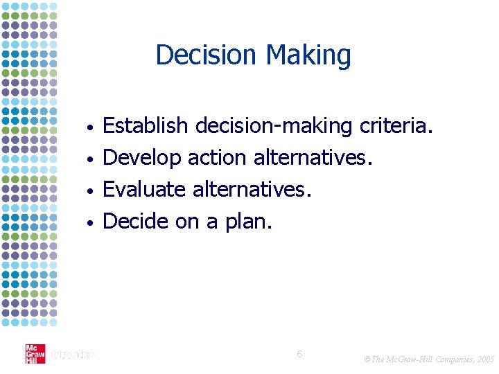 Decision Making • • Establish decision-making criteria. Develop action alternatives. Evaluate alternatives. Decide on