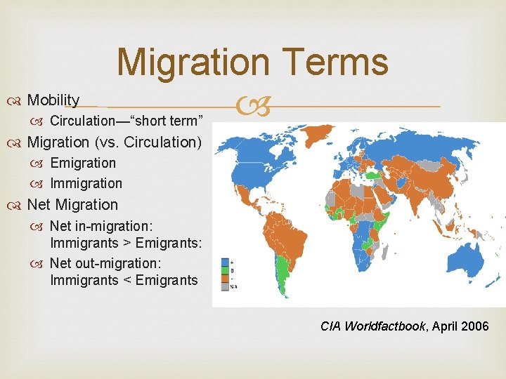  Mobility Migration Terms Circulation—“short term” Migration (vs. Circulation) Emigration Immigration Net Migration Net