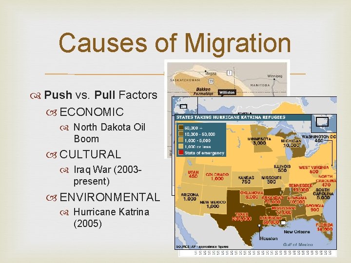 Causes of Migration Push vs. Pull Factors ECONOMIC North Dakota Oil Boom CULTURAL Iraq Causes of Migration Push vs. Pull Factors ECONOMIC North Dakota Oil Boom CULTURAL Iraq