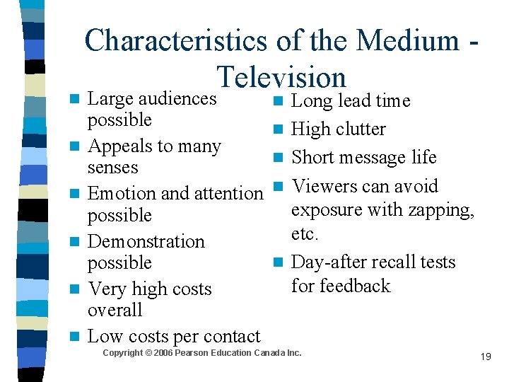 n n n Characteristics of the Medium Television Large audiences possible Appeals to many