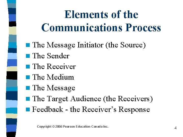 Elements of the Communications Process n The Message Initiator (the Source) n The Sender