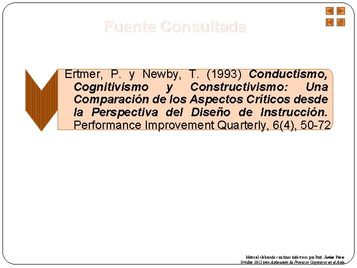 Fuente Consultada Ertmer, P. y Newby, T. (1993) Conductismo, Cognitivismo y Constructivismo: Una Comparación