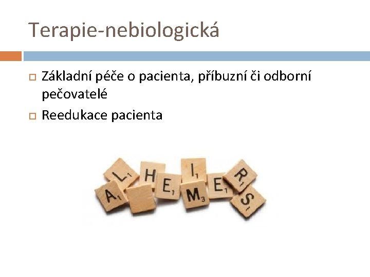 Terapie-nebiologická Základní péče o pacienta, příbuzní či odborní pečovatelé Reedukace pacienta 