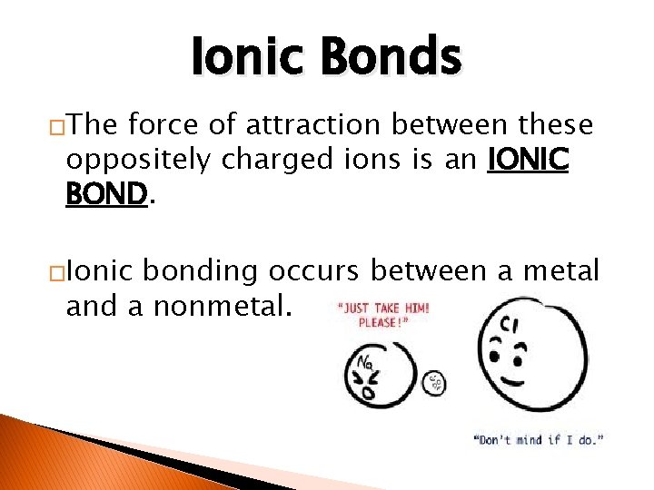 Ionic Bonds �The force of attraction between these oppositely charged ions is an IONIC