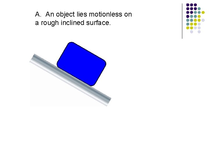 A. An object lies motionless on a rough inclined surface. 