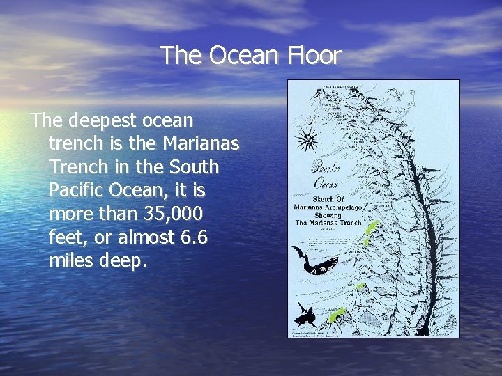 The Ocean Floor The deepest ocean trench is the Marianas Trench in the South