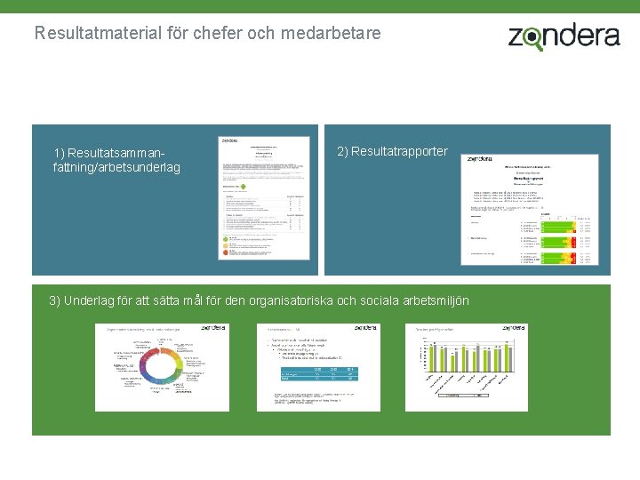 Resultatmaterial för chefer och medarbetare 1) Resultatsammanfattning/arbetsunderlag 2) Resultatrapporter 3) Underlag för att sätta