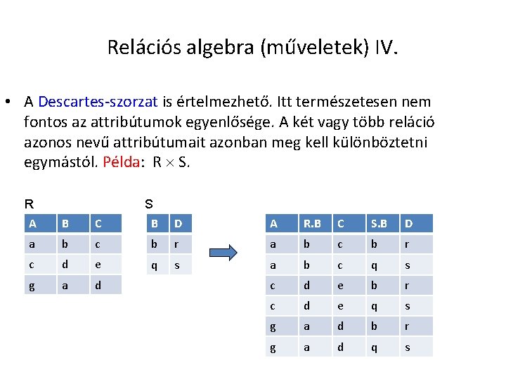 Relációs algebra (műveletek) IV. • A Descartes-szorzat is értelmezhető. Itt természetesen nem fontos az