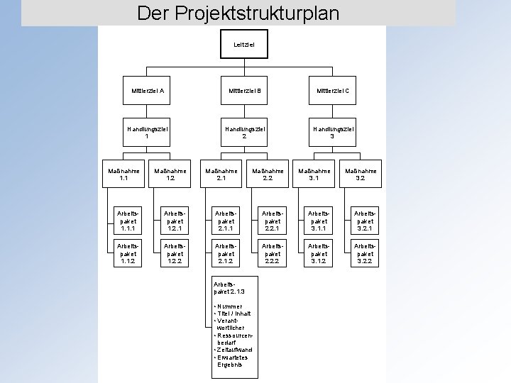 Der Projektstrukturplan Leitziel Mittlerziel A Mittlerziel B Mittlerziel C Handlungsziel 1 Handlungsziel 2 Handlungsziel