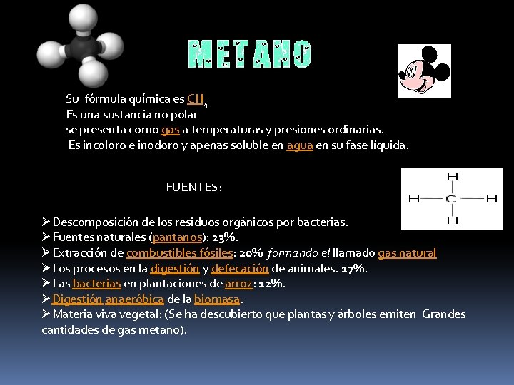 Su fórmula química es CH 4 Es una sustancia no polar se presenta como