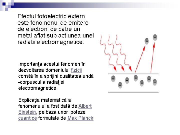 Efectul fotoelectric extern este fenomenul de emitere de electroni de catre un metal aflat