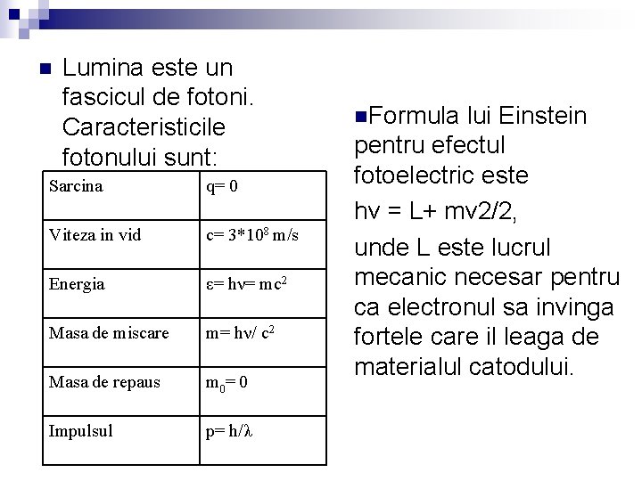 n Lumina este un fascicul de fotoni. Caracteristicile fotonului sunt: Sarcina q= 0 Viteza