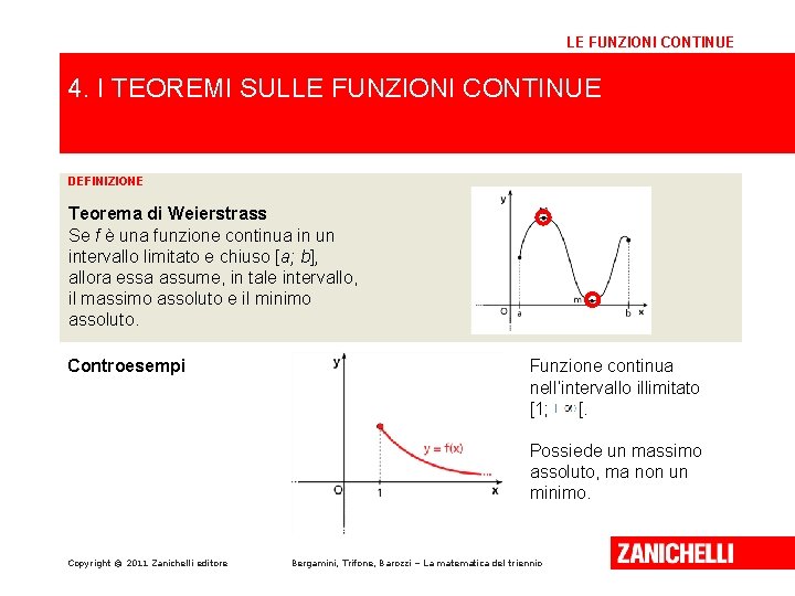 LE FUNZIONI CONTINUE 4. I TEOREMI SULLE FUNZIONI CONTINUE DEFINIZIONE Teorema di Weierstrass Se