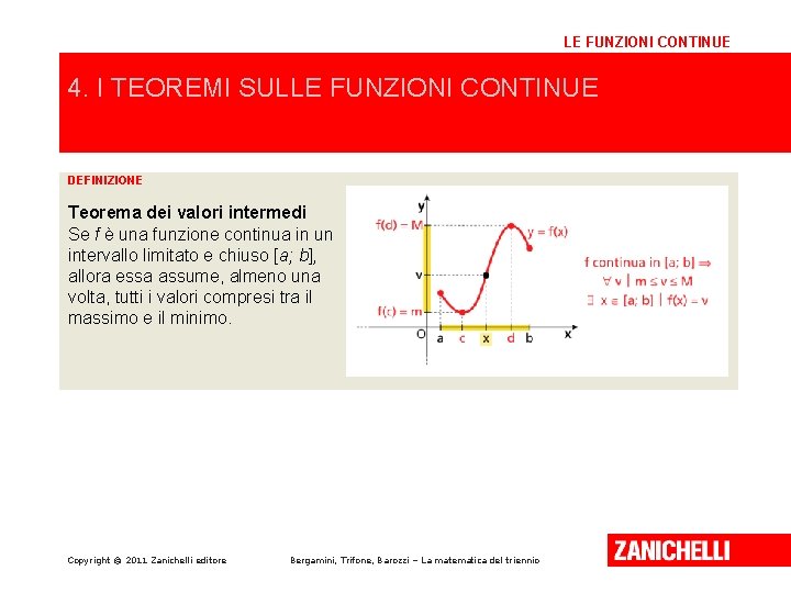 LE FUNZIONI CONTINUE 4. I TEOREMI SULLE FUNZIONI CONTINUE DEFINIZIONE Teorema dei valori intermedi