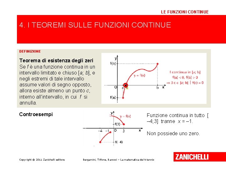 LE FUNZIONI CONTINUE 4. I TEOREMI SULLE FUNZIONI CONTINUE DEFINIZIONE Teorema di esistenza degli