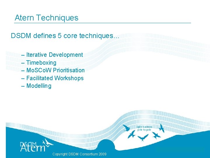 Atern Techniques DSDM defines 5 core techniques… – Iterative Development – Timeboxing – Mo.