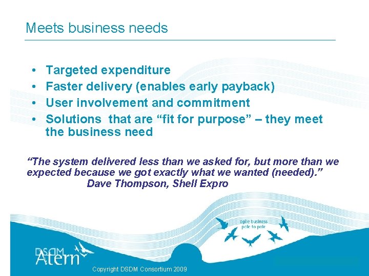 Meets business needs • • Targeted expenditure Faster delivery (enables early payback) User involvement