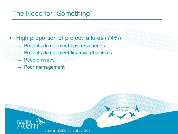 The Need for “Something” • High proportion of project failures (74%) – – Projects