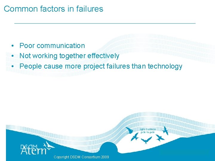 Common factors in failures • Poor communication • Not working together effectively • People