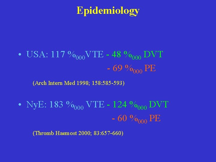 Epidemiology • USA: 117 %000 VTE - 48 %000 DVT - 69 %000 PE