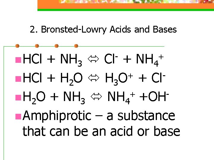 2. Bronsted-Lowry Acids and Bases n HCl + NH 3 Cl- + NH 4+
