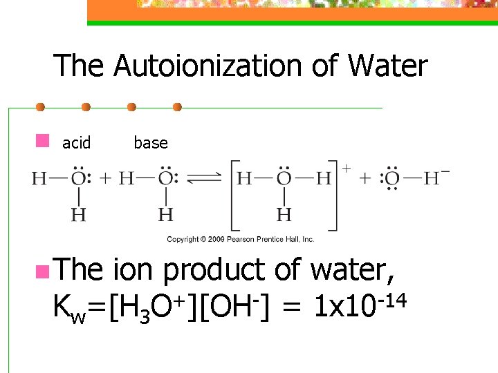 The Autoionization of Water n acid n The base ion product of water, Kw=[H