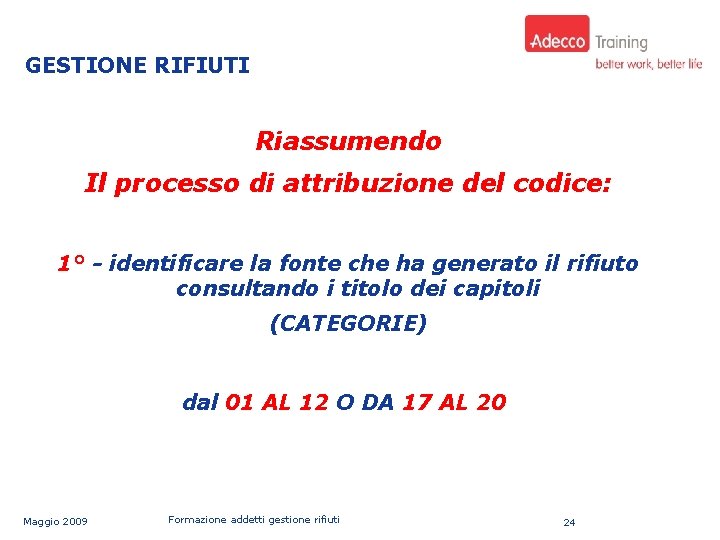 Uso: AZIENDALE GESTIONE RIFIUTI Riassumendo Il processo di attribuzione del codice: 1° - identificare