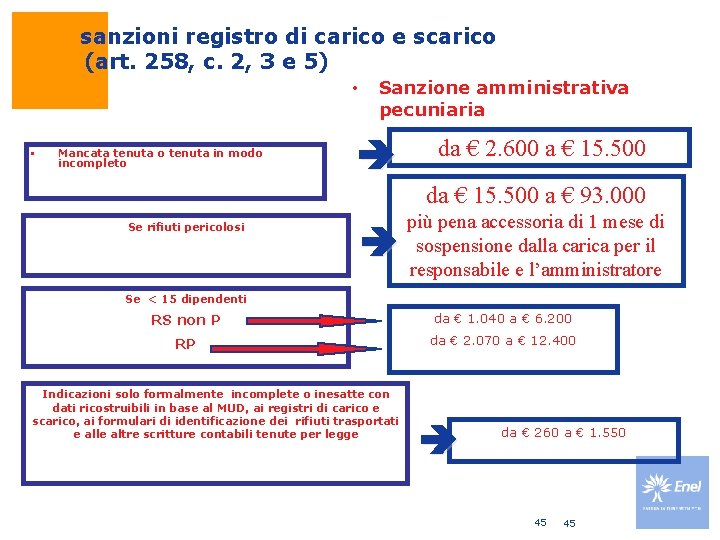 sanzioni registro di carico e scarico (art. 258, c. 2, 3 e 5) •