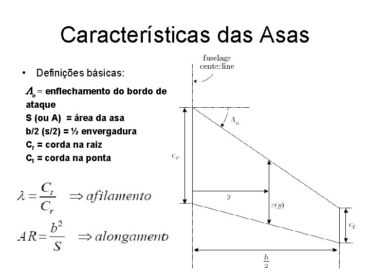 Características das Asas • Definições básicas: Lo = enflechamento do bordo de ataque S