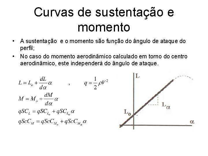 Curvas de sustentação e momento • A sustentação e o momento são função do