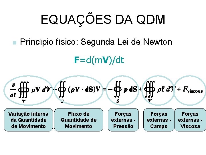 EQUAÇÕES DA QDM n Princípio físico: Segunda Lei de Newton F=d(m. V)/dt Variação interna