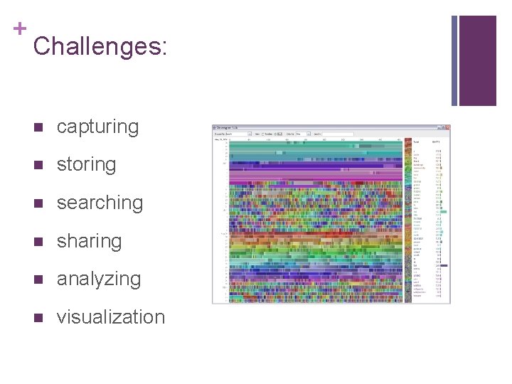 + Challenges: n capturing n storing n searching n sharing n analyzing n visualization