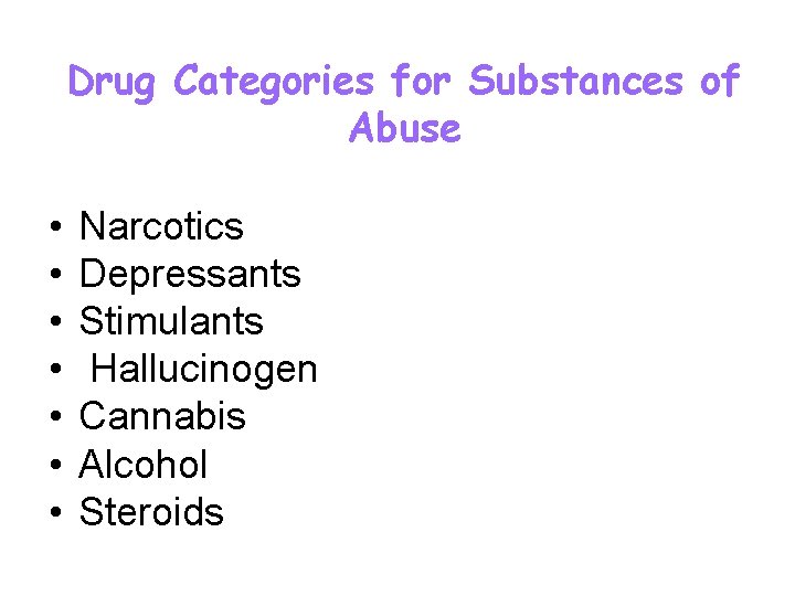 Drug Categories for Substances of Abuse • • Narcotics Depressants Stimulants Hallucinogen Cannabis Alcohol