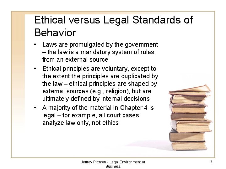 Ethical versus Legal Standards of Behavior • Laws are promulgated by the government –