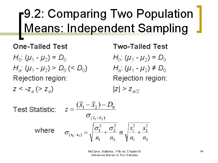 9. 2: Comparing Two Population Means: Independent Sampling One-Tailed Test Two-Tailed Test H 0: