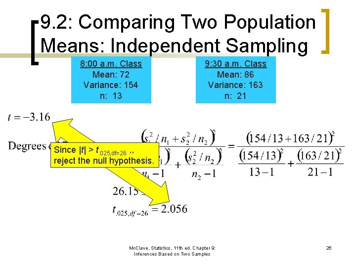 9. 2: Comparing Two Population Means: Independent Sampling 8: 00 a. m. Class Mean: