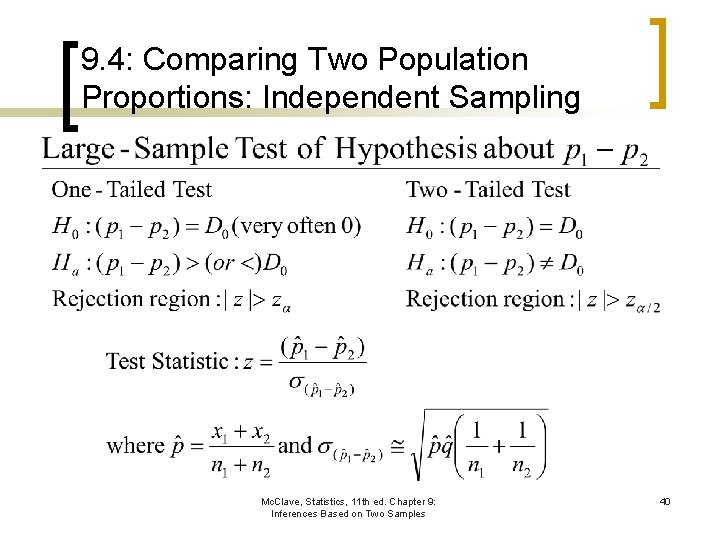 9. 4: Comparing Two Population Proportions: Independent Sampling Mc. Clave, Statistics, 11 th ed.