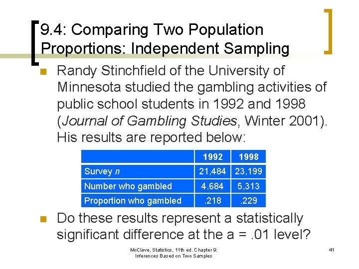 9. 4: Comparing Two Population Proportions: Independent Sampling n Randy Stinchfield of the University