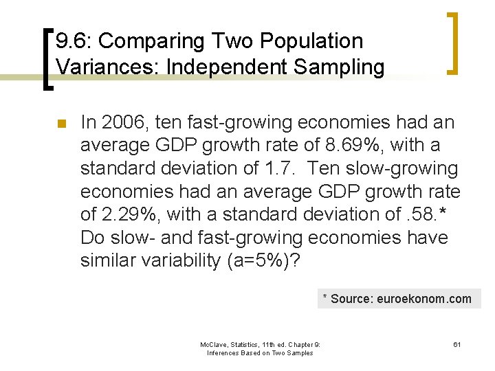 9. 6: Comparing Two Population Variances: Independent Sampling n In 2006, ten fast-growing economies