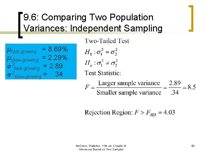 9. 6: Comparing Two Population Variances: Independent Sampling µfast-growing = 8. 69% µslow-growing =
