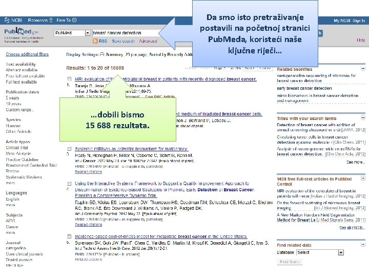 Da smo isto pretraživanje postavili na početnoj stranici Pub. Meda, koristeći naše ključne riječi…