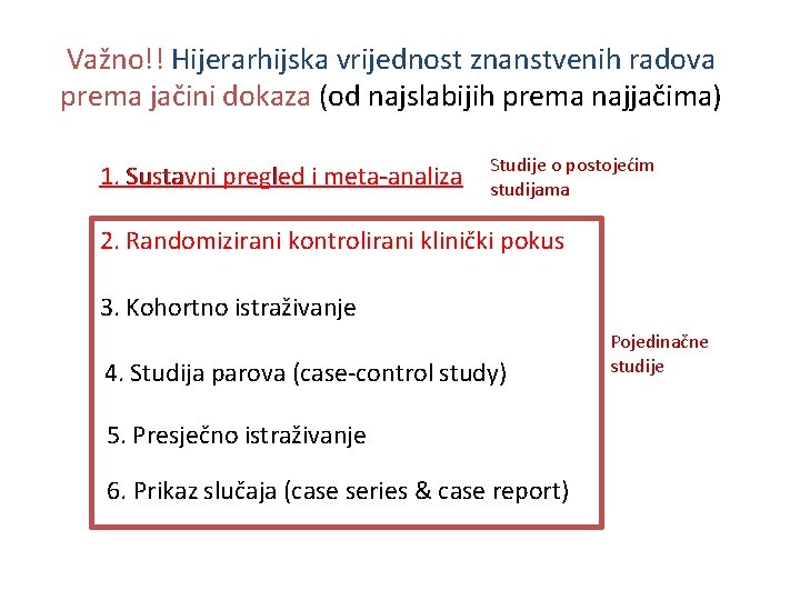 Važno!! Hijerarhijska vrijednost znanstvenih radova prema jačini dokaza (od najslabijih prema najjačima) 1. Sustavni