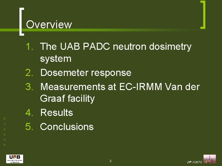 Overview 0. 1. 2. 1. The UAB PADC neutron dosimetry system 2. Dosemeter response