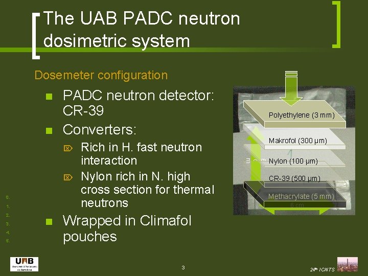 The UAB PADC neutron dosimetric system Dosemeter configuration n n PADC neutron detector: CR-39