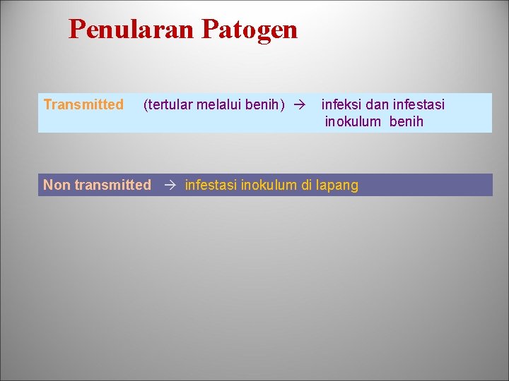 Penularan Patogen Transmitted (tertular melalui benih) infeksi dan infestasi inokulum benih Non transmitted infestasi
