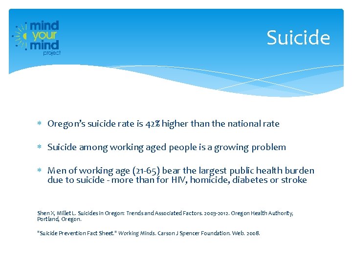 Suicide Oregon’s suicide rate is 42% higher than the national rate Suicide among working