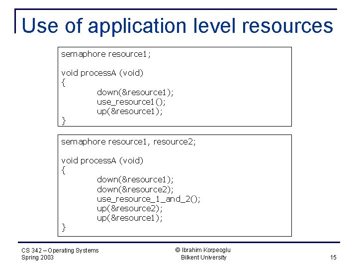 Use of application level resources semaphore resource 1; void process. A (void) { down(&resource