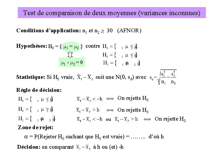 Test de comparaison de deux moyennes (variances inconnues) Conditions d’application: n 1 et n