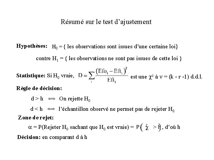 Résumé sur le test d’ajustement Hypothèses: H 0 = { les observations sont issues