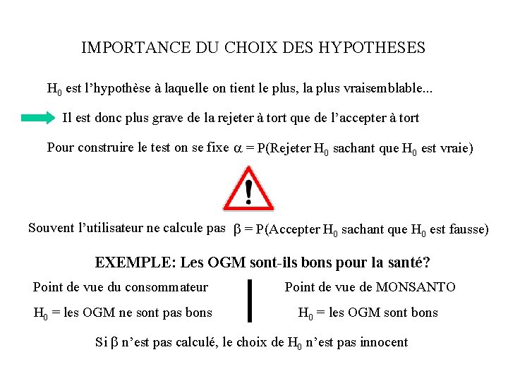 IMPORTANCE DU CHOIX DES HYPOTHESES H 0 est l’hypothèse à laquelle on tient le